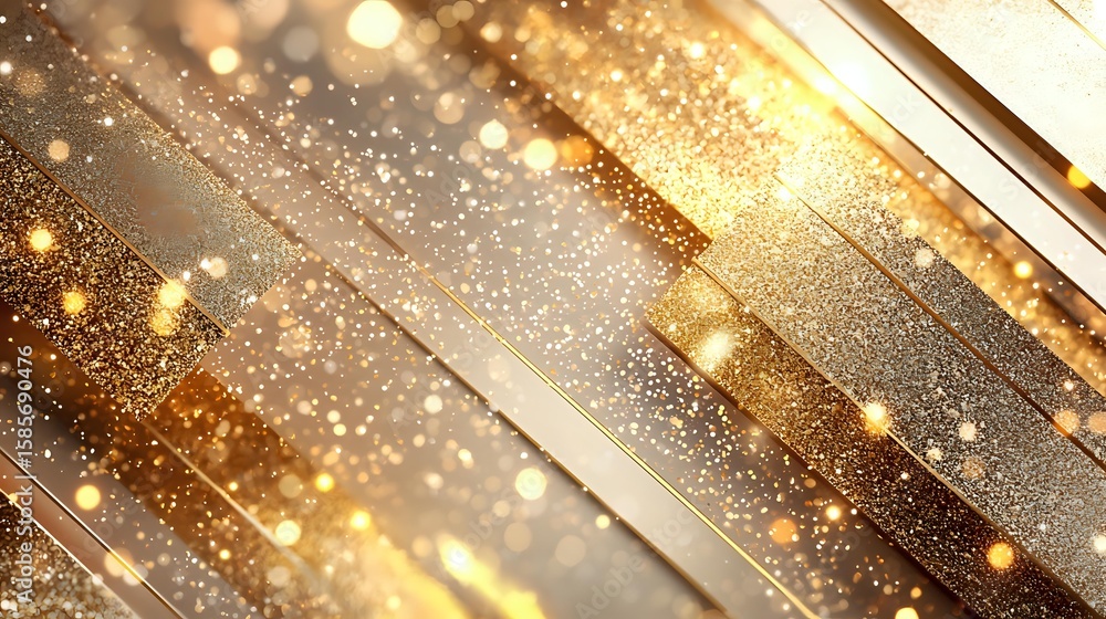 Poster luxurious diagonal golden lines with glowing sparkles and bokeh effect on brown background create el