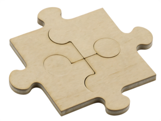 Wooden puzzle piece with circular cutouts isolated on a transparent background