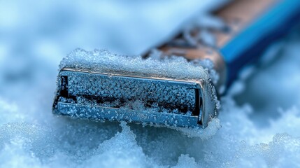 Razor blade covered in frost on snow
