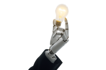 Robotic hand holding a glowing lightbulb.