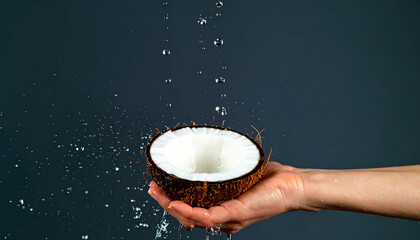 Open coconut with pure flesh and fresh coconut water droplets flying in the air, high-detail tropical concept
