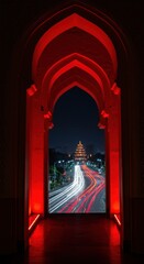 Night Lights Illuminate Pagoda Through Red Archway: Myanmar's Scenic Beauty