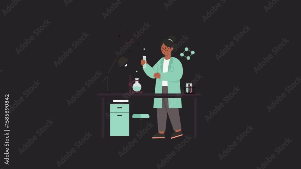 Poster woman working at test lab 2d animations on transparent background