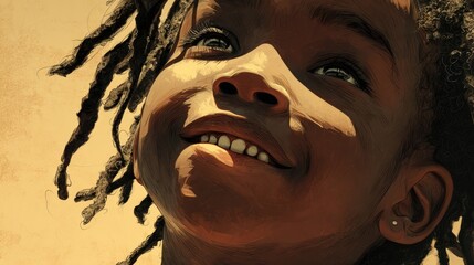 A smiling child with dreadlocks looks up into the sunlight, full of joy and wonder