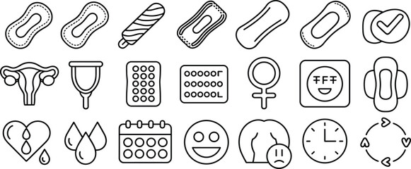 Menstrual hygiene, feminine health icons set including sanitary pads, tampons, menstruation cycle, uterus, mood swings, editable line vector pack © Shahadot Creatives