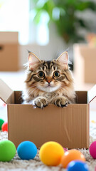 Fototapeta premium Curious Fluffy Cat Peeking from Cardboard Box with Colorful Balls
