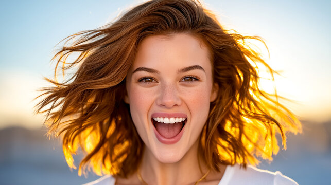 Woman smiling joyfully with wind-blown hair against vibrant sunset backdrop. Urban setting with warm tones enhances energetic vibe. Concept of wellness, happiness, lifestyle