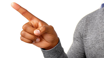 Close up of person's hand pointing index finger extended dark skin tone gray sweater sleeve