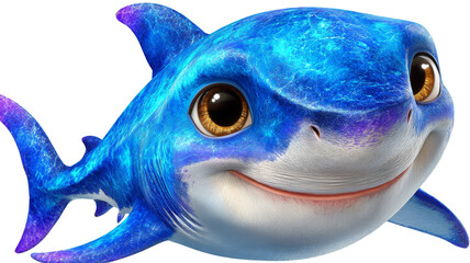 Cartoon shark blue and purple large eyes smiling Isolate ocean animal sea