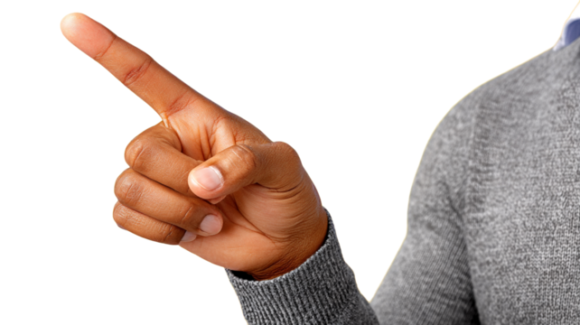 Close up of person's hand pointing index finger extended dark skin tone gray sweater sleeve