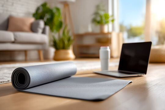 Woman engaging in yoga practice on mat next to desk. Bright interior with light streaming in, creating a calming workspace. Concept of wellness, work-life balance, remote work