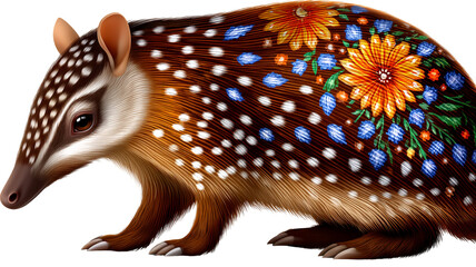 Brown and white spotted armadillo with floral design isolate animal illustration