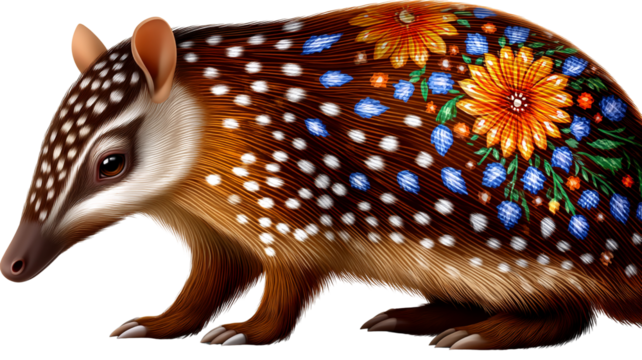 Brown and white spotted armadillo with floral design isolate animal illustration
