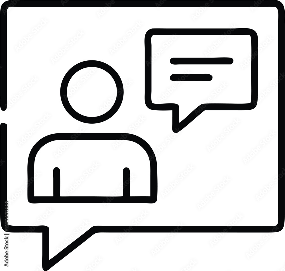 Poster line art icon of person with speech bubble inside messaging frame