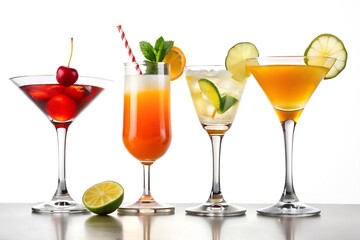 Four elegant cocktails with fruit and mint garnishes