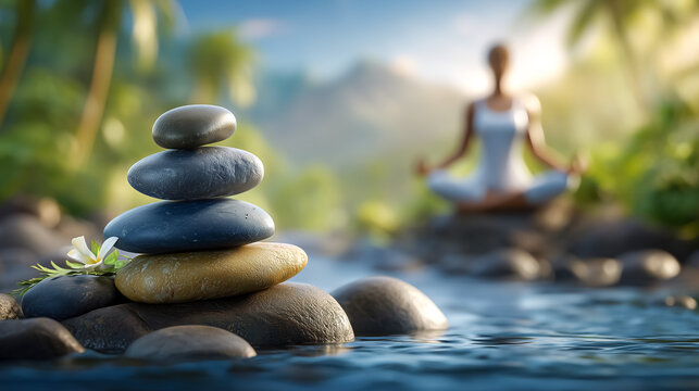 Calm woman meditating in peaceful setting, surrounded by nature with stacked stones near water. Soft sunlight filtering through trees. Concept wellness, mindfulness, spa - Powered by Adobe