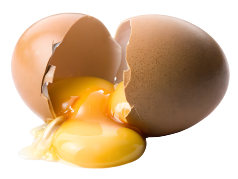 Cracked brown egg yolk spilling isolated on a transparent background