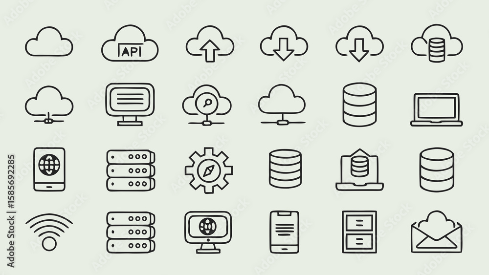 Fototapete Modern outline style design featuring cloud computing, server, and networking icons, perfect for technology and digital marketing visuals.