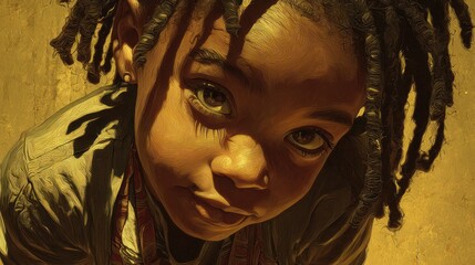 Close up portrait of a young child with dreadlocks looking up with large eyes