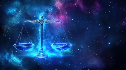 Ethereal depiction of Libra zodiac sign with balance in cosmic space