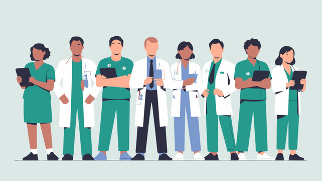 Vector SVG Illustration of Medical Professionals Group in Flat Modern Style with Diverse Attire and Devices for Healthcare Branding