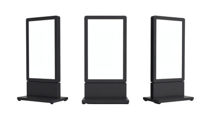 Three modern digital signage displays with blank white screens for advertising mockups are presented on a clean black backdrop, transparent background