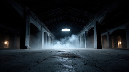 High-quality photo of high-quality photo of dark smokey empty warehouse with the viewpoint positioned center and on the floor.