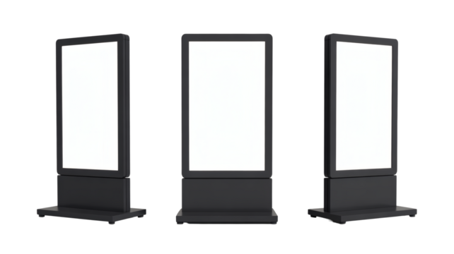 Three modern digital signage displays with blank white screens for advertising mockups are presented on a clean black backdrop, transparent background