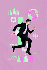 Vertical pop poster banner collage of happy businessman businesswoman stand megaphone graph diagram progress economy concept