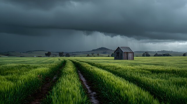 Farmland under dramatic post storm sky saturated green crops wet soil reflecting moody light small wooden shed in background rural realism captured from ground level perspective