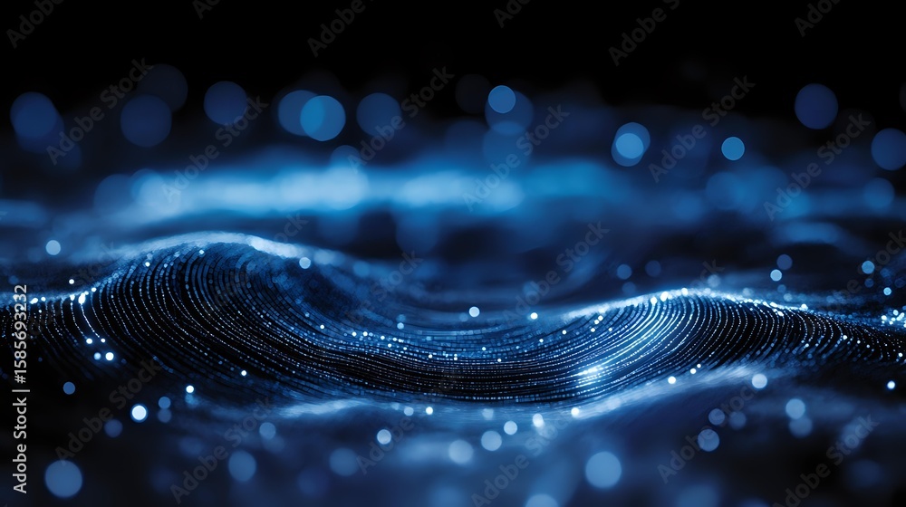 Poster glowing blue wave pattern with luminous particles floating in dark space creates futuristic technolo
