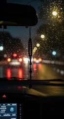 Rainy Night Drive: City Lights Blurred Through Rain-Streaked Windshield
