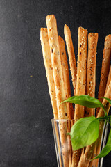 grissotti breadstick Grissini breadsticks whole grain cereal fresh delicious gourmet food background on the table rustic food top view copy space