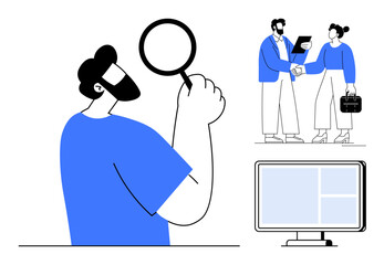 Man examining details with magnifying glass, duo in handshake with business documents, and desktop. Ideal for teamwork, collaboration, productivity, analysis, research agreement innovation. Simple