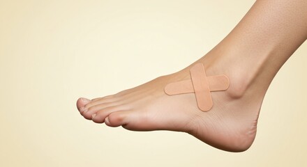 A caucasian woman's foot with two crossed beige adhesive bandages on the top. Foot injury and wound protection concept.