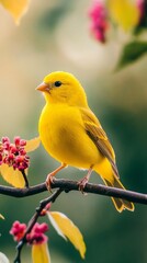 Fototapeta premium Vibrant yellow canary perched delicately on a branch, surrounded by soft-focus pink blossoms and lush green background, showcasing nature's brilliant color palette
