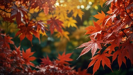 Vibrant red and orange maple leaves in soft autumn sunlight