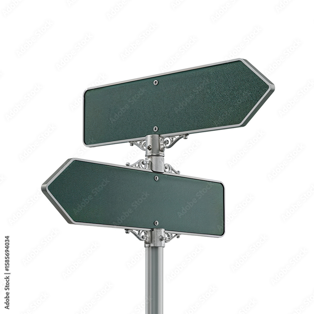 Poster directional pointers against a clear canvas symbolizing diverging paths with silver accents and