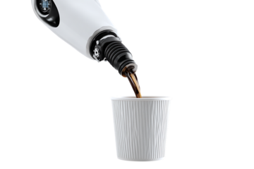 Close up of a robotic arm pouring liquid into a paper cup.