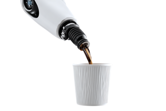 Close up of a robotic arm pouring liquid into a paper cup.