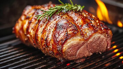Grilling a succulent roast is grilled to perfection with fresh rosemary, showcasing expert cooking skills outdoors