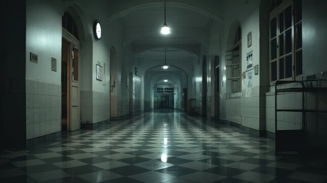 High-quality photo of high-quality photo of hall in a mental asylum on a dark night.