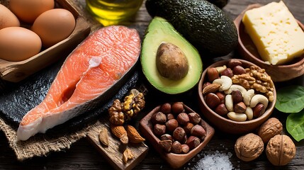 High-fat foods for a ketogenic diet, highlighting foods like avocados, nuts, and fatty fish that are key components of the keto lifestyle.