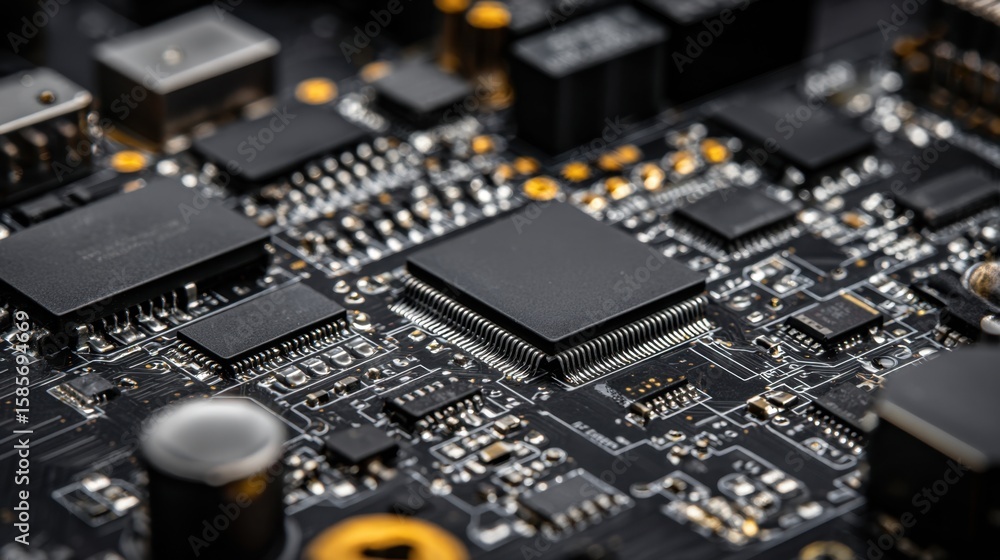 Aufkleber close-up of modern computer motherboard with connected microchips and circuits
