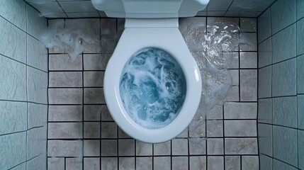 Toilet overflowing with water and foam