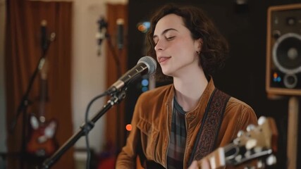 Young woman singing and playing guitar in recording studio. Authentic music performance. For artist promotion or live gig advertisement.