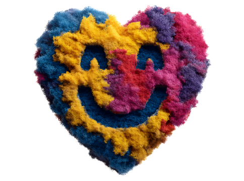 Colorful heart shaped smiley face made of moss, Isolated On White, Transparent Background, Png