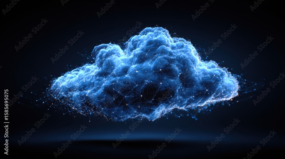 Poster cloud computing concept showing abstract blue cloud icon with interconnected data lines