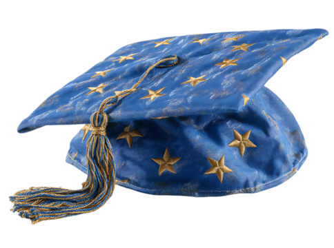 Blue graduation cap with gold stars academic achievement success, Isolated On White, Transparent Background, Png