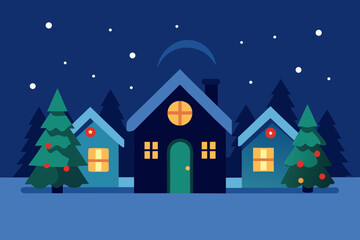 Fototapeta premium snow covered homes with wreaths and glowing window 